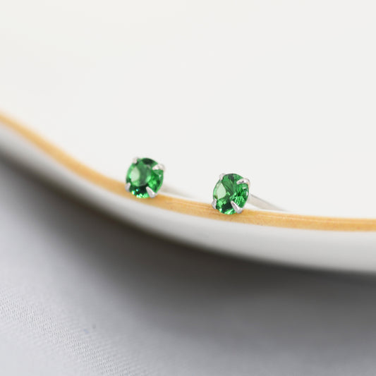 May Birthstone Earrings, Emerald Green Stud Earrings in Sterling Silver, Extra Tiny Crystal Stud, 3mm Birthstone CZ Earrings