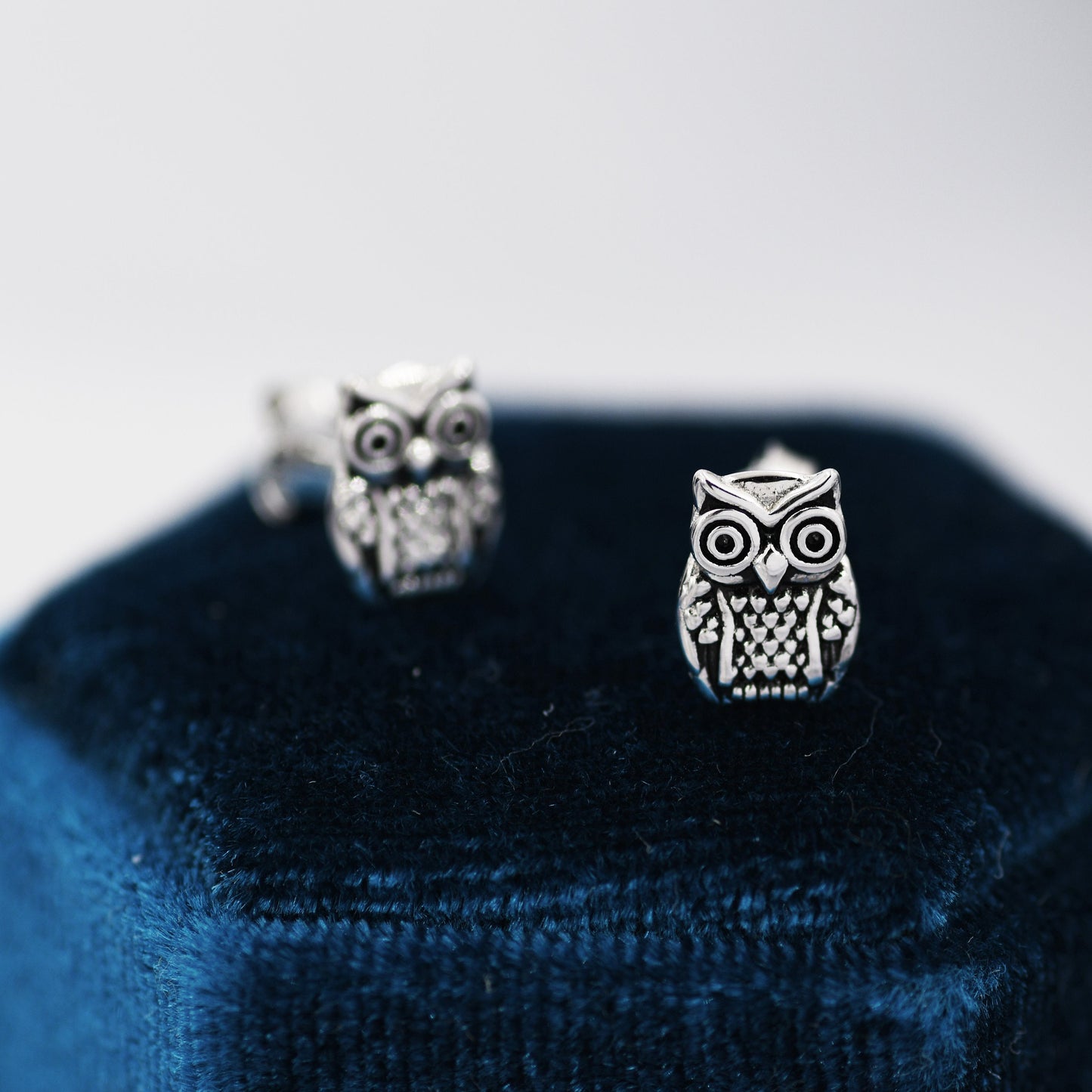 Owl Stud Earrings in Sterling Silver, Oxidised Silver Finish, Silver Animal Earrings, Nature Inspired Jewellery