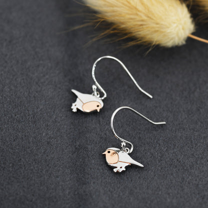 Robin Bird Drop Hook Earrings in Sterling Silver, Silver Animal Earrings, Nature Inspired Jewellery