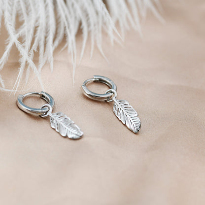 Sterling Silver Feather Hoop Earrings, Detachable Feather Dangle Hoop Earrings, Silver or Gold,  Interchangeable Charms