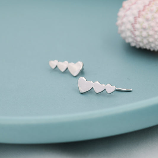 Sterling Silver Three Heart Crawler Earrings, Silver, Gold or Rose Gold, Triple Hearts Climber Earrings, Ear Climbers