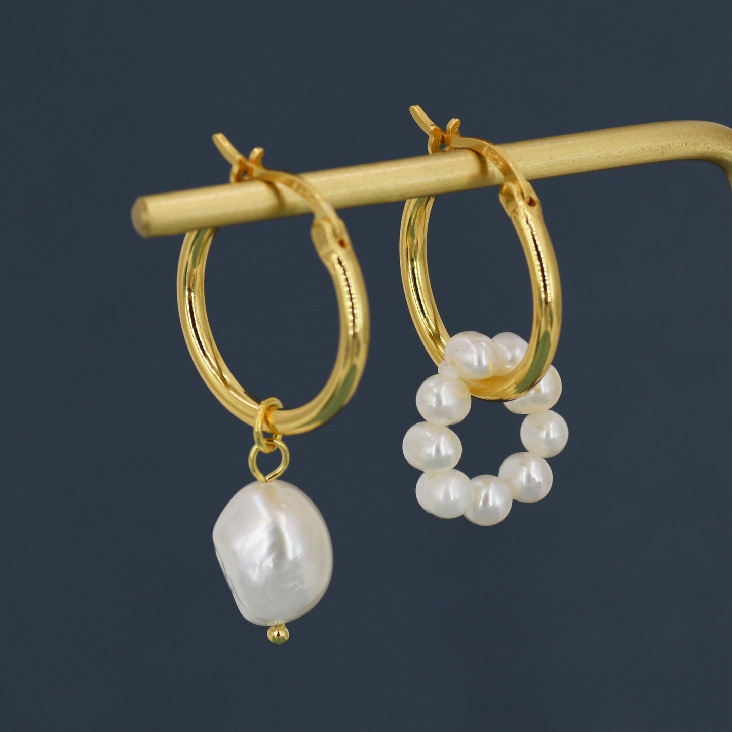 Mismatched Detachable Pearl Dangle Hoop Earrings in Sterling Silver, Silver or Gold, 14mm Hoops, Simple Hoop Earrings