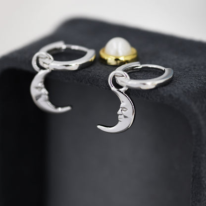 Sterling Silver Moon Face Hoop Earrings, Detachable Charm Dangle Hoop Earrings, Silver or Gold,  Interchangeable Charms