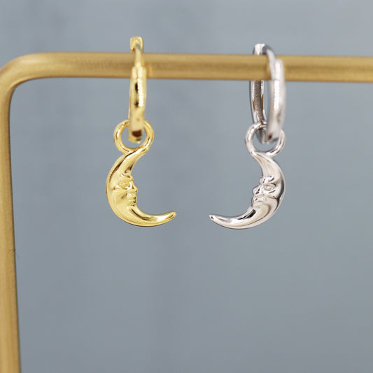 Sterling Silver Crescent Moon Face Hoop Earrings, Detachable Charm Dangle Hoop Earrings, Silver or Gold,  Interchangeable Charms