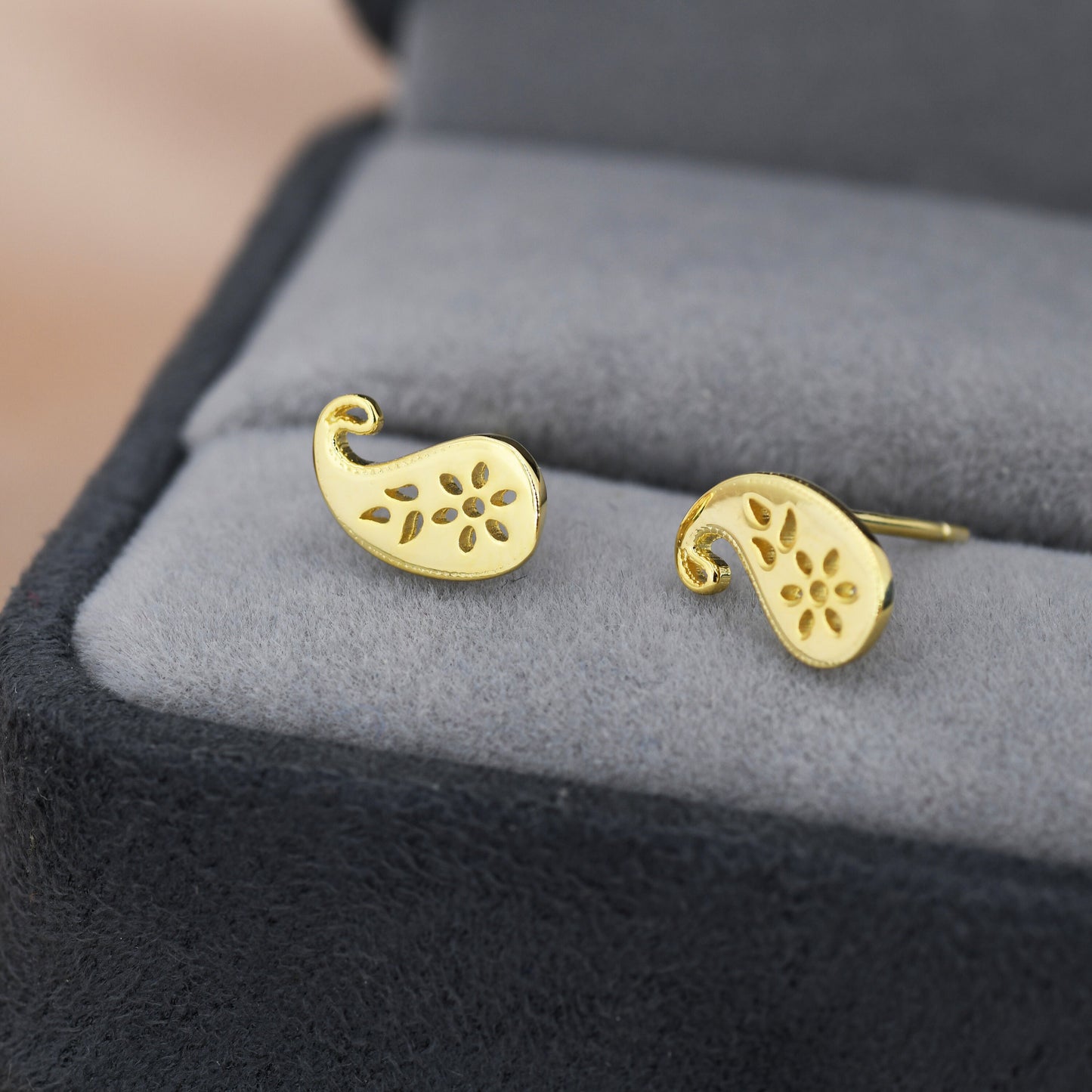 Paisley Pattern Stud Earrings in Sterling Silver, Silver or Gold, Small Stacking Earrings