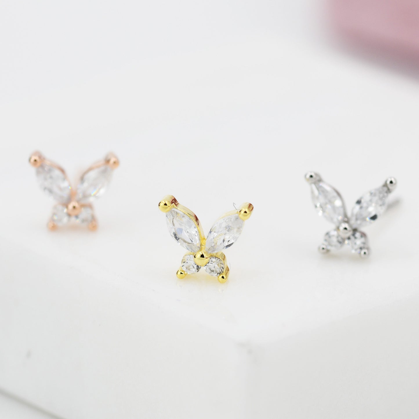 Sterling Silver CZ Butterfly Stud Earrings,  Gold or Silver or Rose Gold, Marquise CZ Earrings, Stacking Earrings