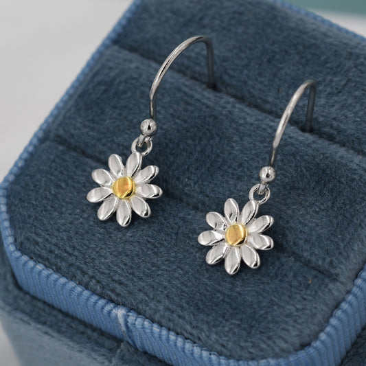 Little Daisy Flower Drop Hook Earrings in Sterling Silver - Cute Flower Blossom Earrings  -   Fun, Whimsical