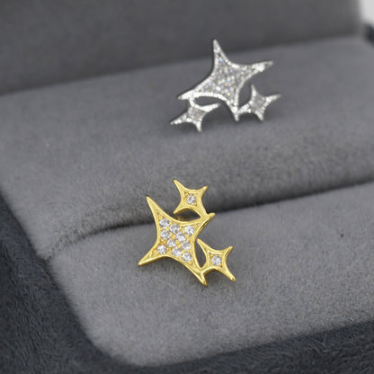 Sparkly Stars CZ Stud Earrings in Sterling Silver, Four Point Star Earrings, Silver or Gold, Three Star Earrings, Celestial Earrings