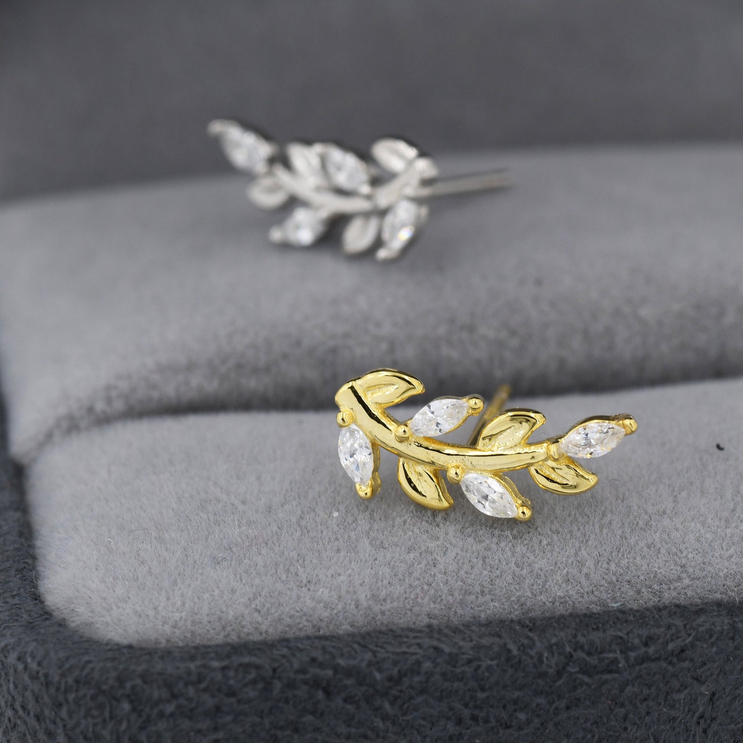 Sparkly Leaf CZ Stud Earrings in Sterling Silver, Silver or Gold, Bridal Jewellery, Bridesmaid&#39;s Earrings, Nature Inspired, Botanical