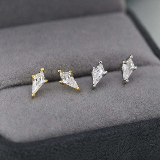 Tiny Rhombus CZ Stud Earrings in Sterling Silver, Silver or Gold, Kite Shape Crystal Earrings, Geometric Minimalist Design