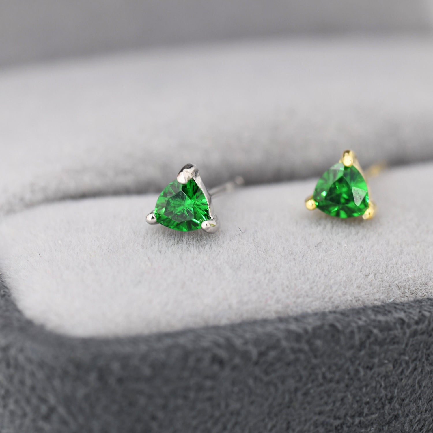 Trillion Cut Emerald Green CZ Stud Earrings in Sterling Silver, Silver or Gold, Cubic Zirconia Crystal Earrings