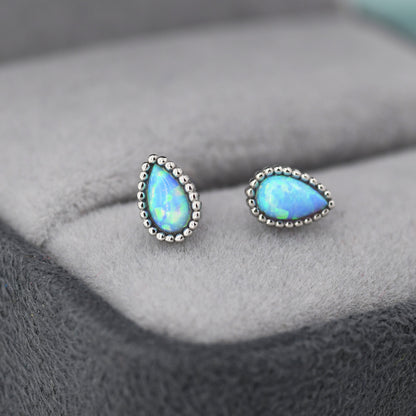 Sterling Silver Droplet Pear Blue Opal Stud Earrings, Silver or Gold, Stacking Earrings, Opal Earrings, Granulated, Dotted Bobble Beaded
