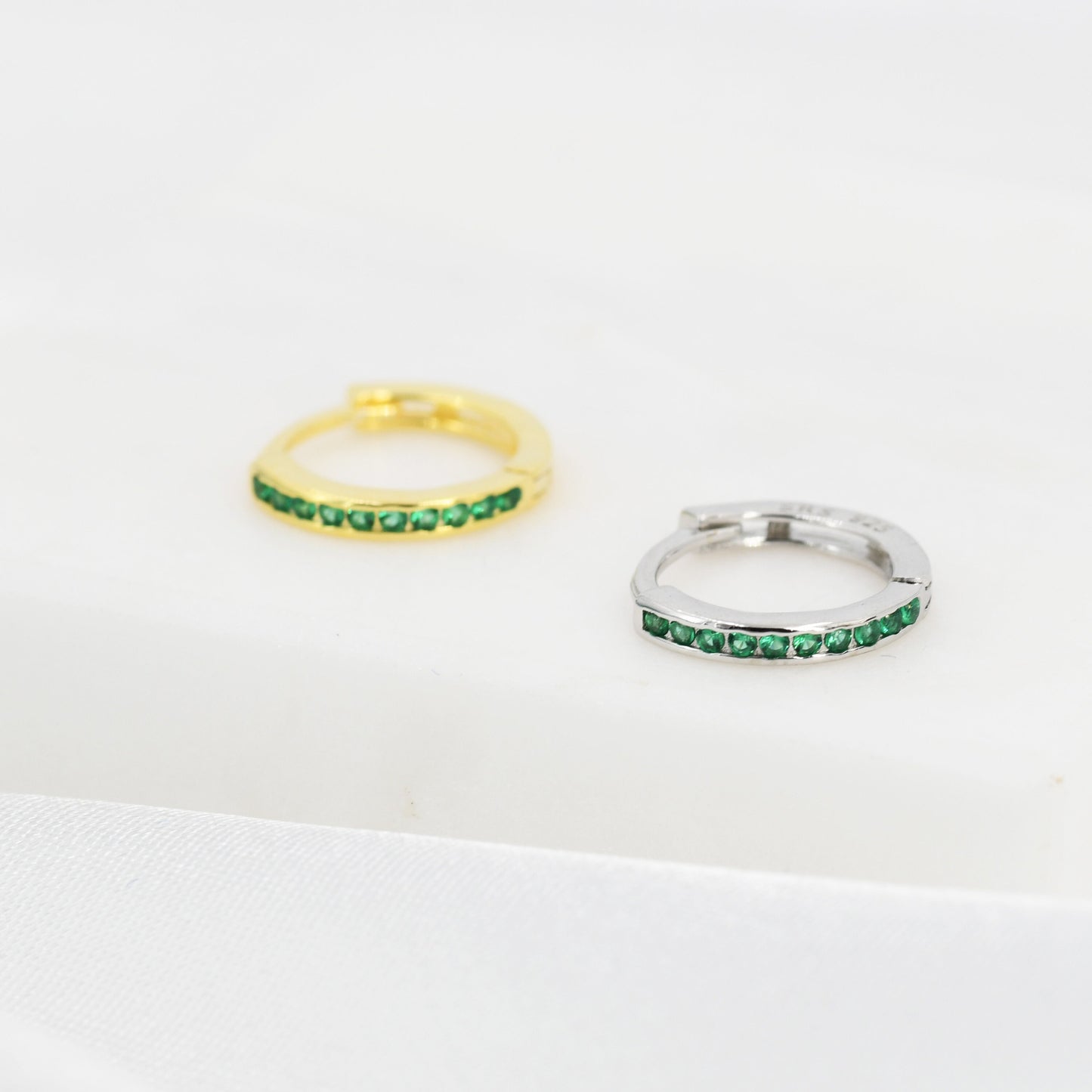 Extra Skinny Emerald Green CZ Huggie Hoop in Sterling Silver, Silver or Gold,  8mm Inner Diameter Hoop Earrings, May Birthstone
