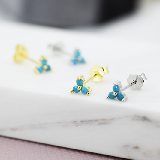 Turquoise Trinity Stud Earrings in Sterling Silver, Silver or Gold, Three Dot Stacking Earrings