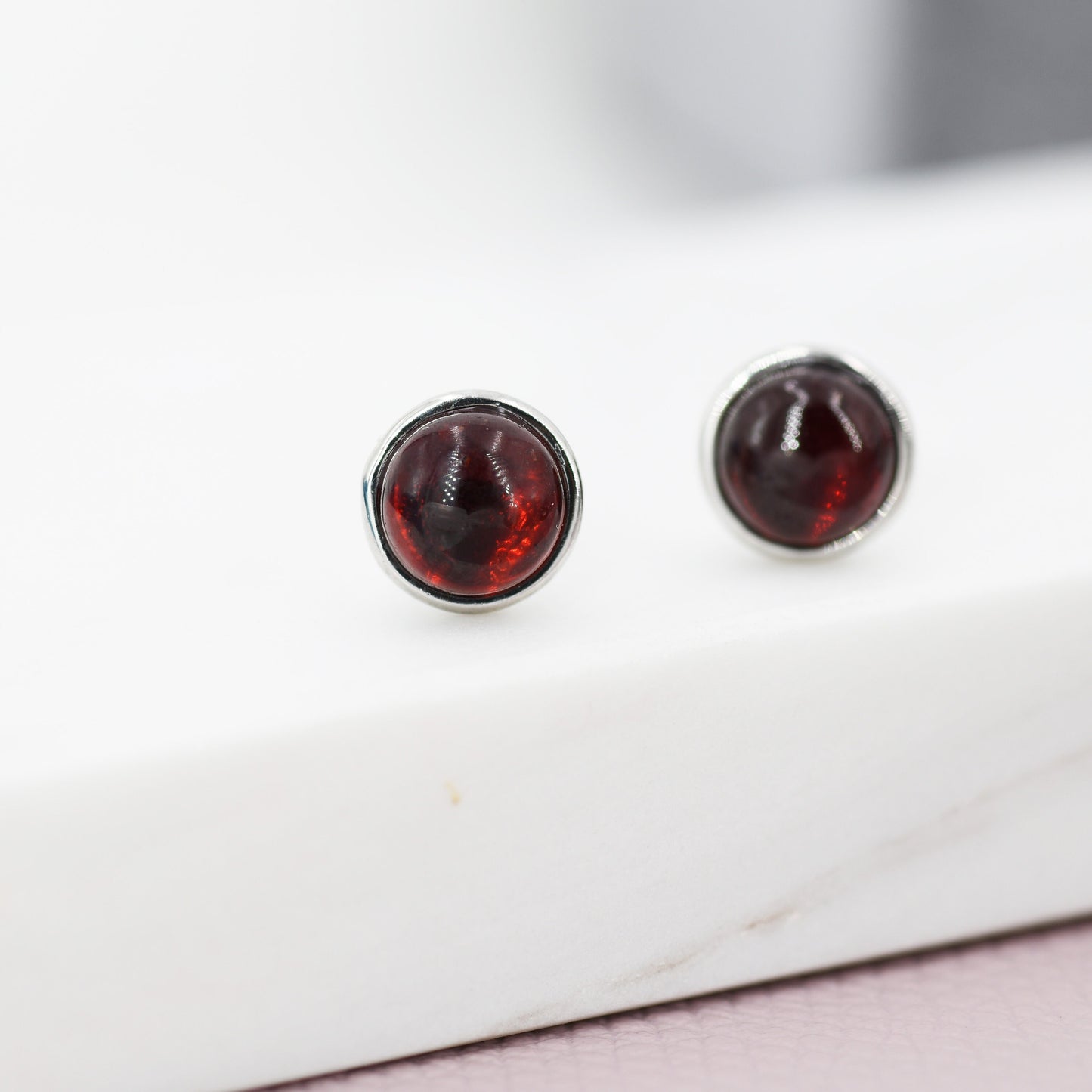 Natural Garnet Stud Earrings in Sterling Silver, 6mm Red Garnet, Dark Red, Genuine Gemstone, Minimalist Geometric Design