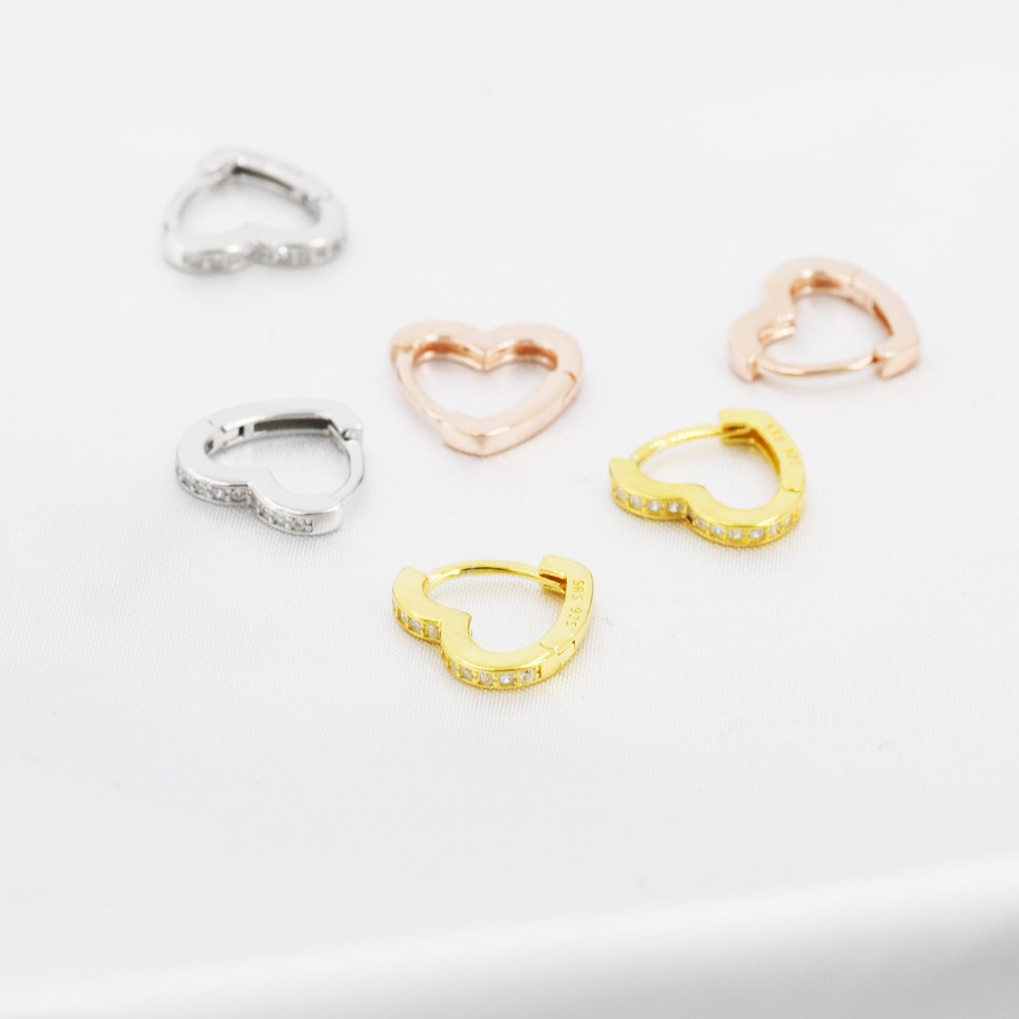 CZ Heart Huggie Hoop Earrings in Sterling Silver, Silver, Gold or Rose Gold with CZ Crystals, Minimalist Geometric Design