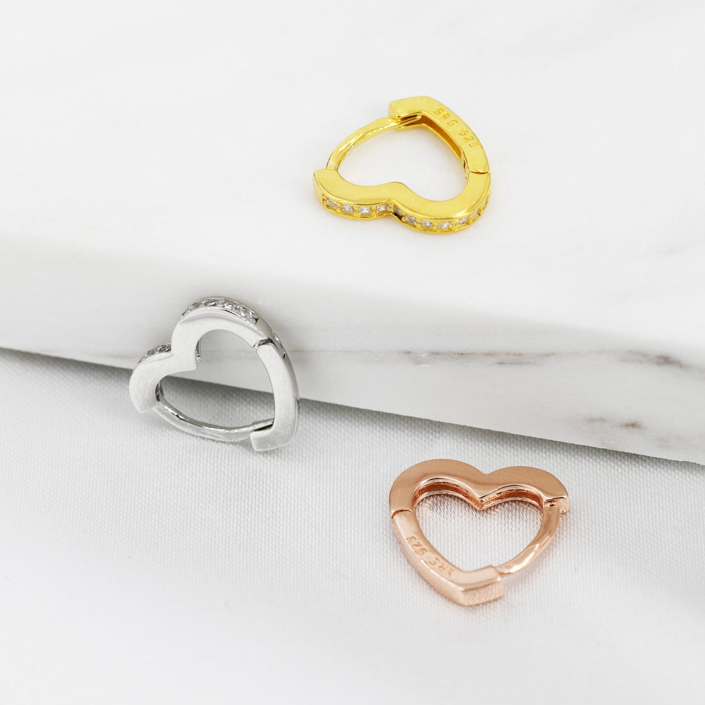 Heart Huggie Hoop Earrings in Sterling Silver, Silver, Gold or Rose Gold with CZ Crystals, Minimalist Geometric Design