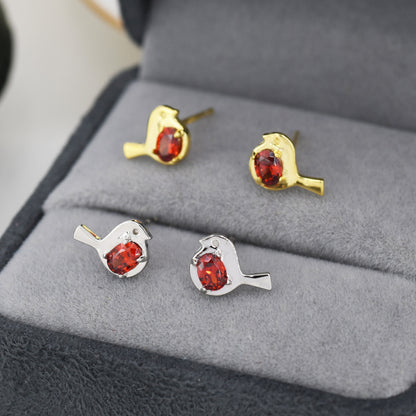 Robin Bird Stud Earrings in Sterling Silver, Silver or Gold, Ruby Red Crystal, Crystal Bird Earrings, Nature Inspired Animal Earrings