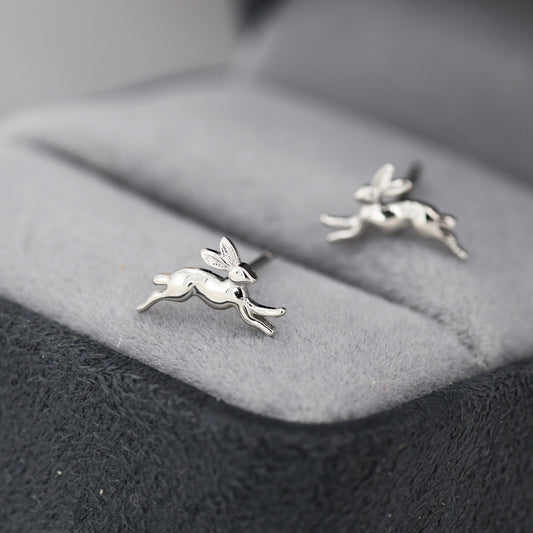 Extra Tiny Leaping Hare Stud Earrings in Sterling Silver, Tiny Hare rabbit Earrings, Nature Inspired Animal Earrings