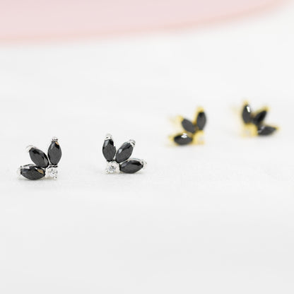 Sterling Silver Black CZ Marquise Cluster Stud Earrings,  Gold or Silver, Marquise Fan Stud, CZ Crown Stud, Three Marquise Stud