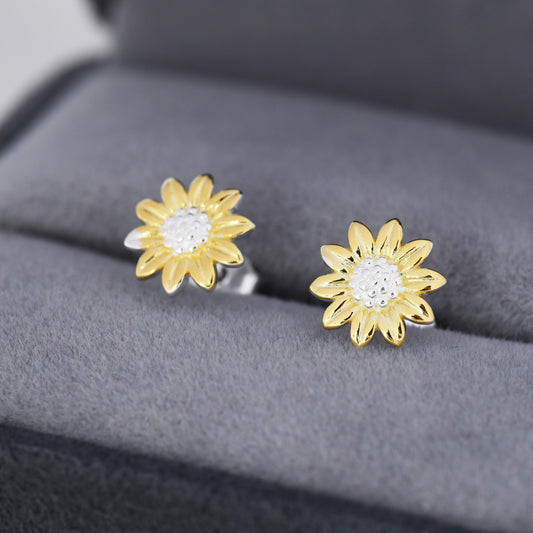 Little Sunflower Flower Stud Earrings in Sterling Silver - Flower Earrings - Cute Flower Blossom Daisy Earrings  -   Fun, Whimsical