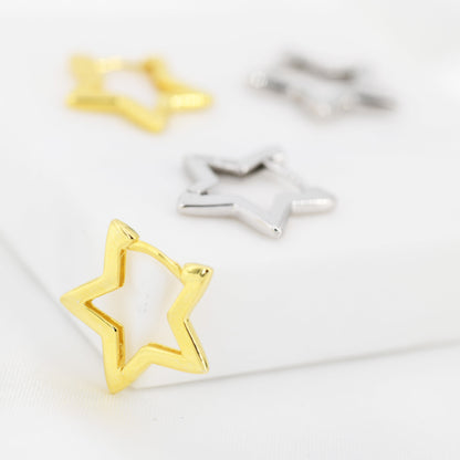 Star Huggie Hoop in Sterling Silver, Silver or Gold, Fun Star Hoop Earrings, Star Earrings