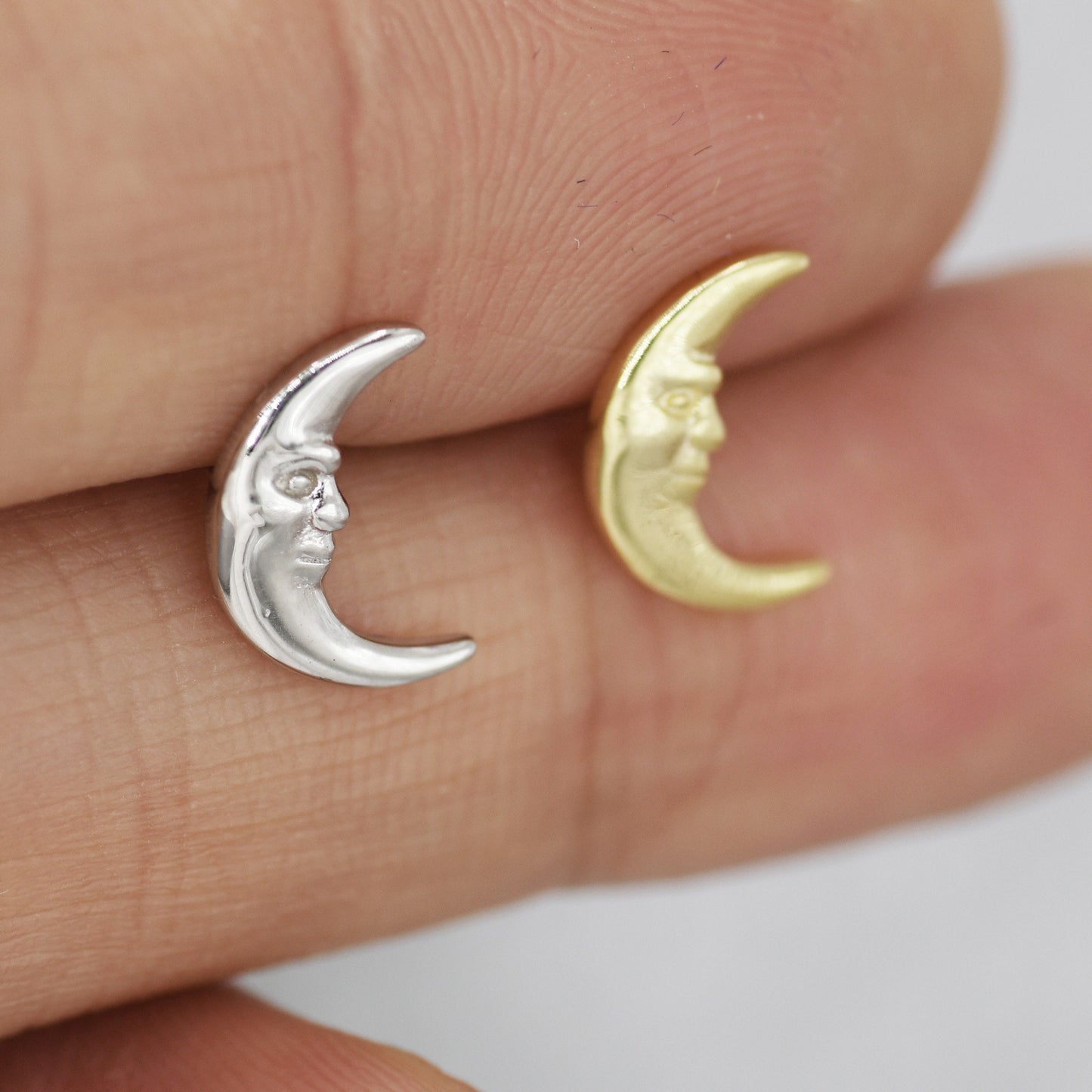 Man in the Moon Stud Earrings in Sterling Silver - Moon Face Earrings - Gold or Silver - Cute, Fun, Whimsical and Pretty Jewellery