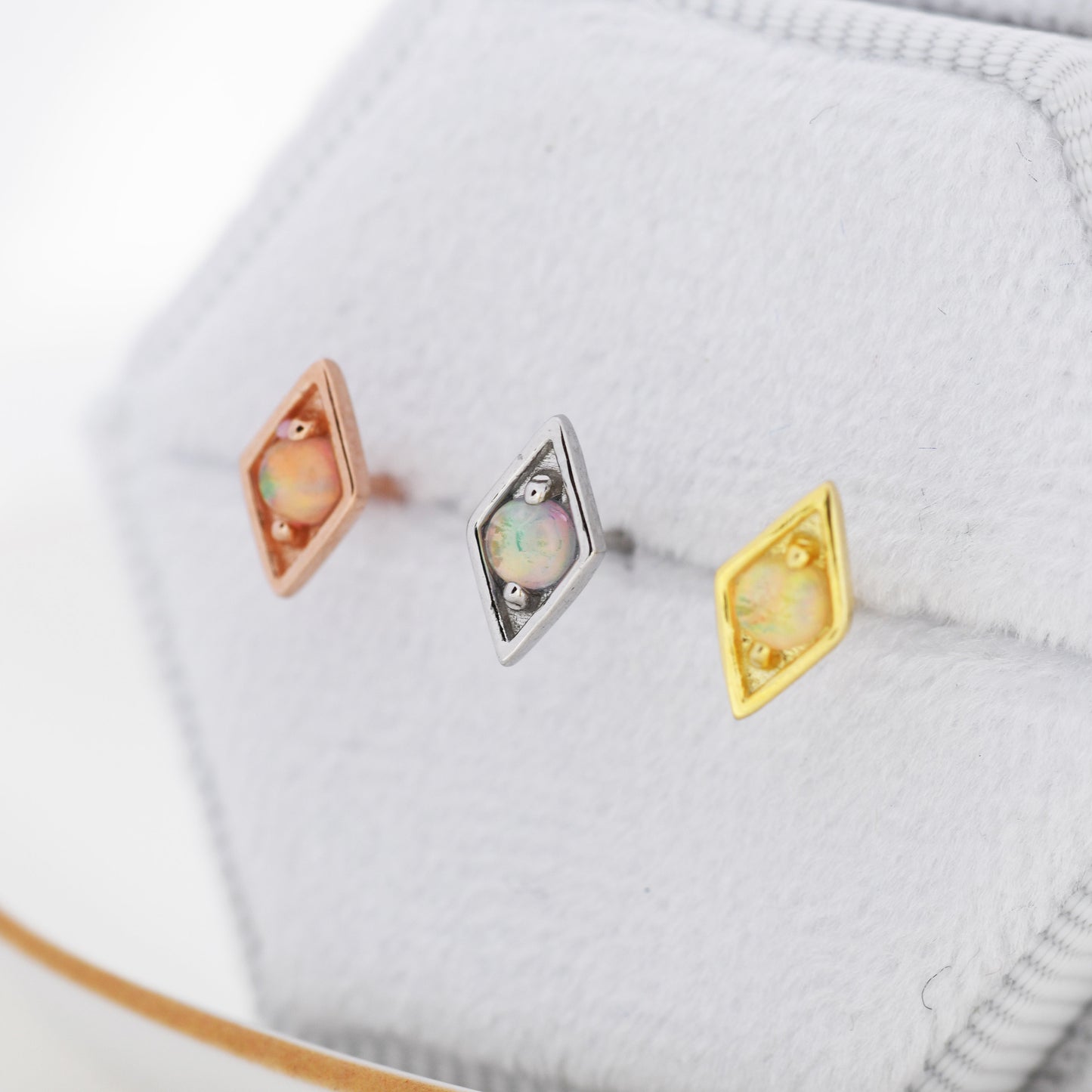 Diamond Shape Opal Stud Earrings in Sterling Silver, Silver, Gold or Rose Gold, Geometry Opal Earrings, Stacking Earrings