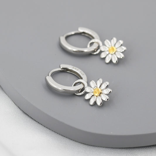 Little Daisy Flower Charmed Hoop Earrings in Sterling Silver - Cute Flower Blossom Huggie Hoop Earrings  -   Fun, Whimsical