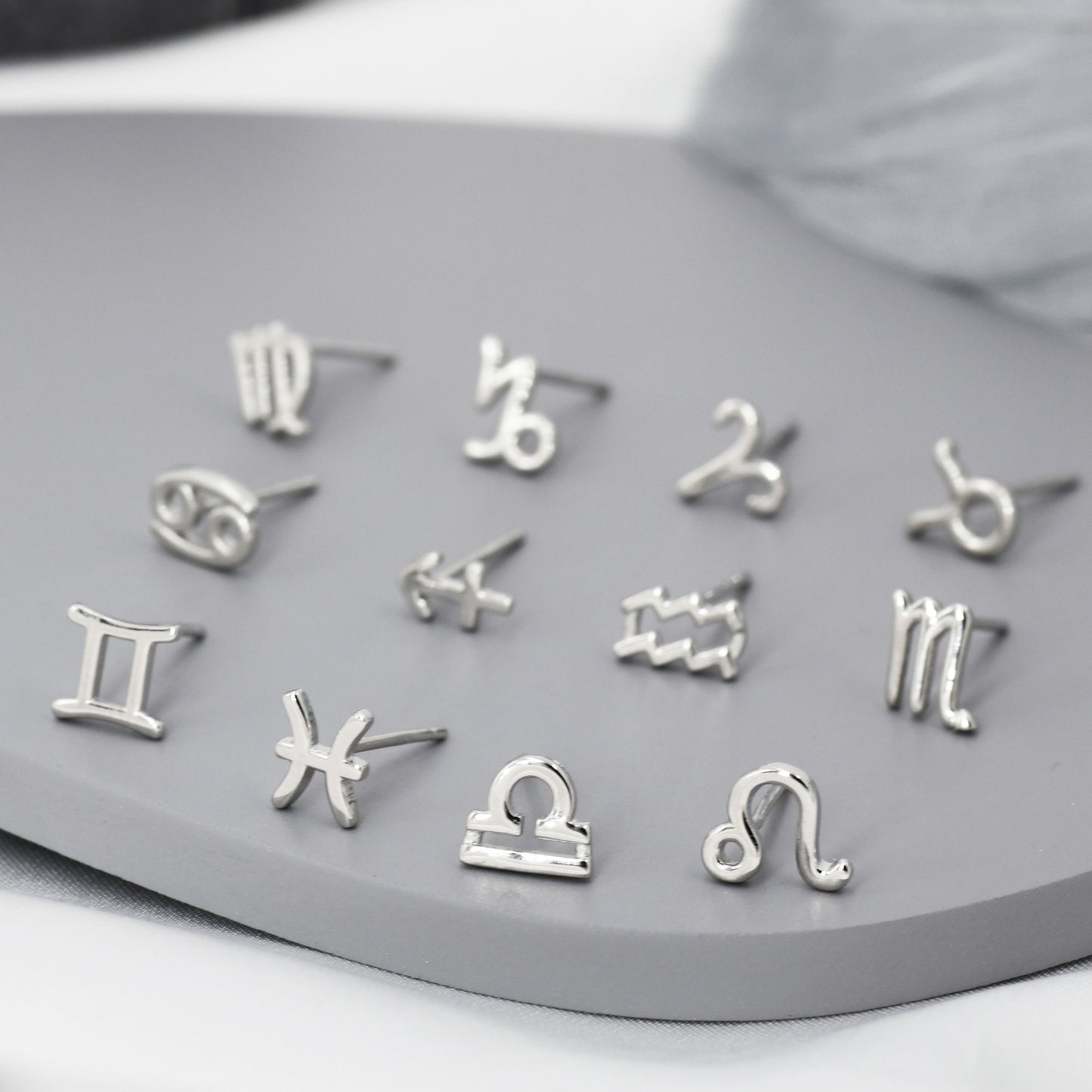 Pair of Zodiac Earring in Sterling Silver, Silver or Gold, Horoscope Stud Earrings . Fun and Quirky Design