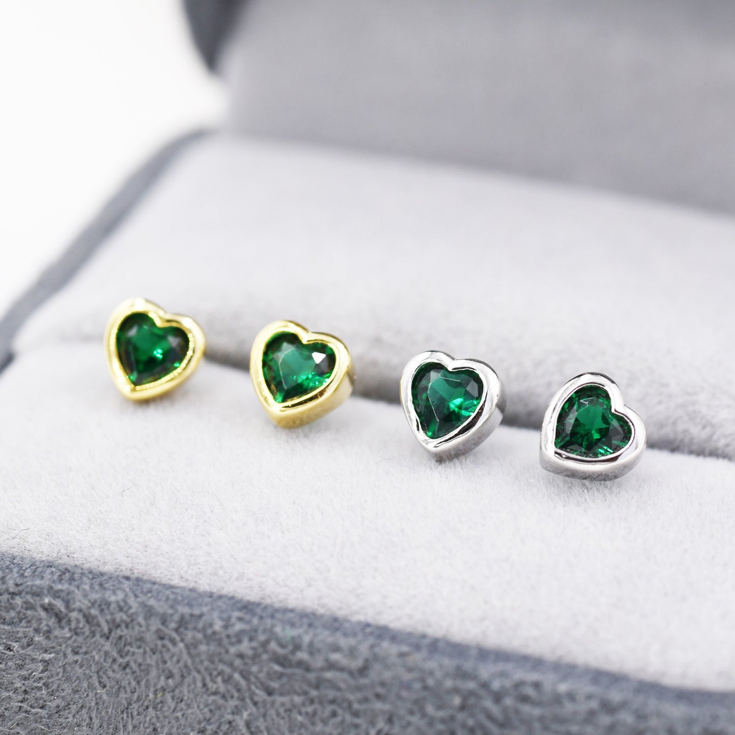 Tiny Emerald Green CZ Heart Stud Earrings in Sterling Silver, Silver or Gold, Green Crystal Heart Earrings, Stacking Earrings