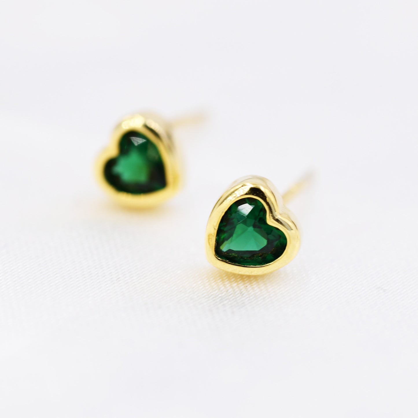 Tiny Emerald Green CZ Heart Stud Earrings in Sterling Silver, Silver or Gold, Green Crystal Heart Earrings, Stacking Earrings