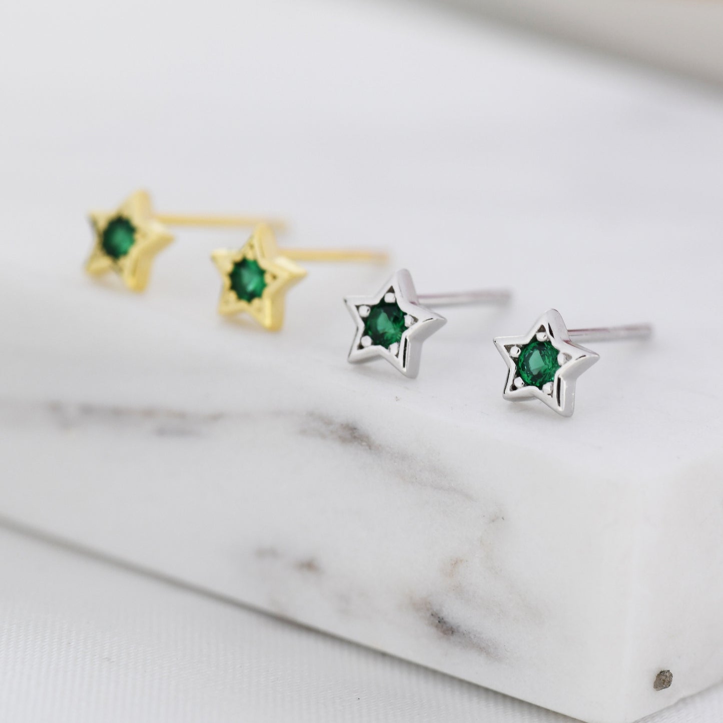 Tiny Emerald Green CZ Star Stud Earrings in Sterling Silver, Silver or Gold,  Green Crystal Star Earrings, Stacking Earrings