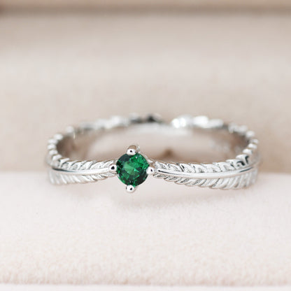 Sterling Silver Fern Leaf Emerald Green CZ Ring, Eternity Ring, Friendship Ring,  Nature Inspired Jewellery US 5 - 8