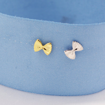 Farfalle Pasta Shape Stud Earrings in Sterling Silver, Ribbon Bow Earrings, Playful and Quirky Food Jewellery, Silver or Gold