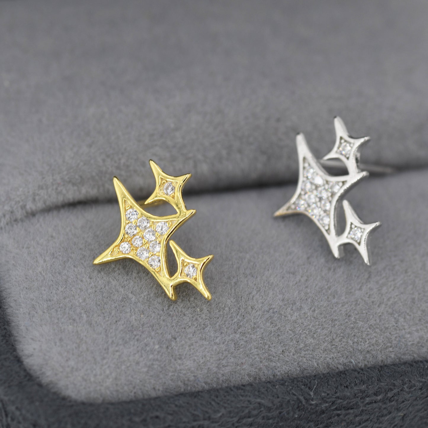 Sparkly Stars CZ Stud Earrings in Sterling Silver, Four Point Star Earrings, Silver or Gold, Three Star Earrings, Celestial Earrings