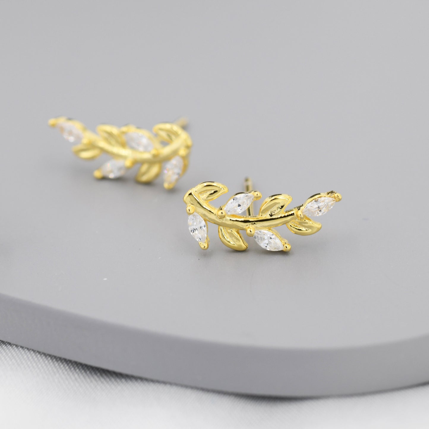 Sparkly Leaf CZ Stud Earrings in Sterling Silver, Silver or Gold, Bridal Jewellery, Bridesmaid&#39;s Earrings, Nature Inspired, Botanical