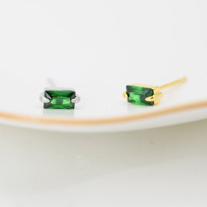 Baguette Cut Emerald Green CZ Stud Earrings in Sterling Silver, Silver or Gold, Cubic Zirconia Crystal Earrings