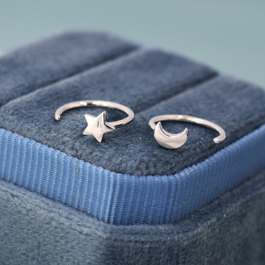 Tiny Mismatched Moon and Star Huggie Hoop Earrings in Sterling Silver, Asymmetric Pull Through Earrings, Half Hoop, Silver or Gold