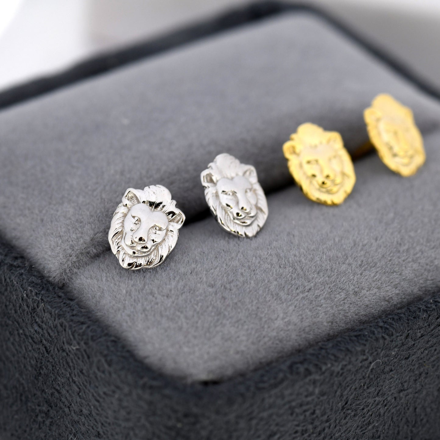 Lion Head Stud Earrings in Sterling Silver, Silver or Gold, Animal Earrings, Nature Inspired