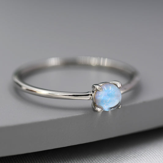 Simulated Moonstone Ring in Sterling Silver, Mermaid Crystal Ring, Minimalist Aurora Ring, US 5 - 8