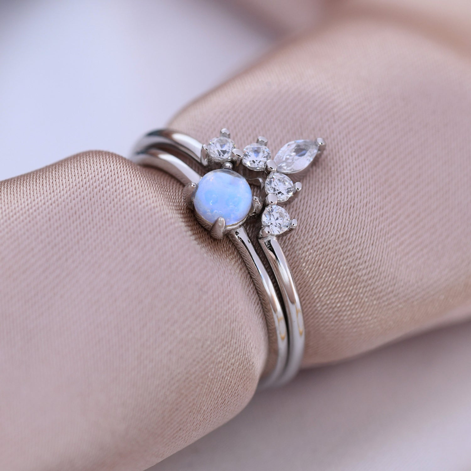 Moonstone Ring and Tiara Ring in Sterling Silver, Mermaid Crystal Ring, Minimalist Aurora Ring, US 5 - 8