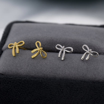 Ribbon Bow Stud Earrings in Sterling Silver, Silver or Gold,  Dainty Earrings, Bridesmaid&#39;s Jewellery