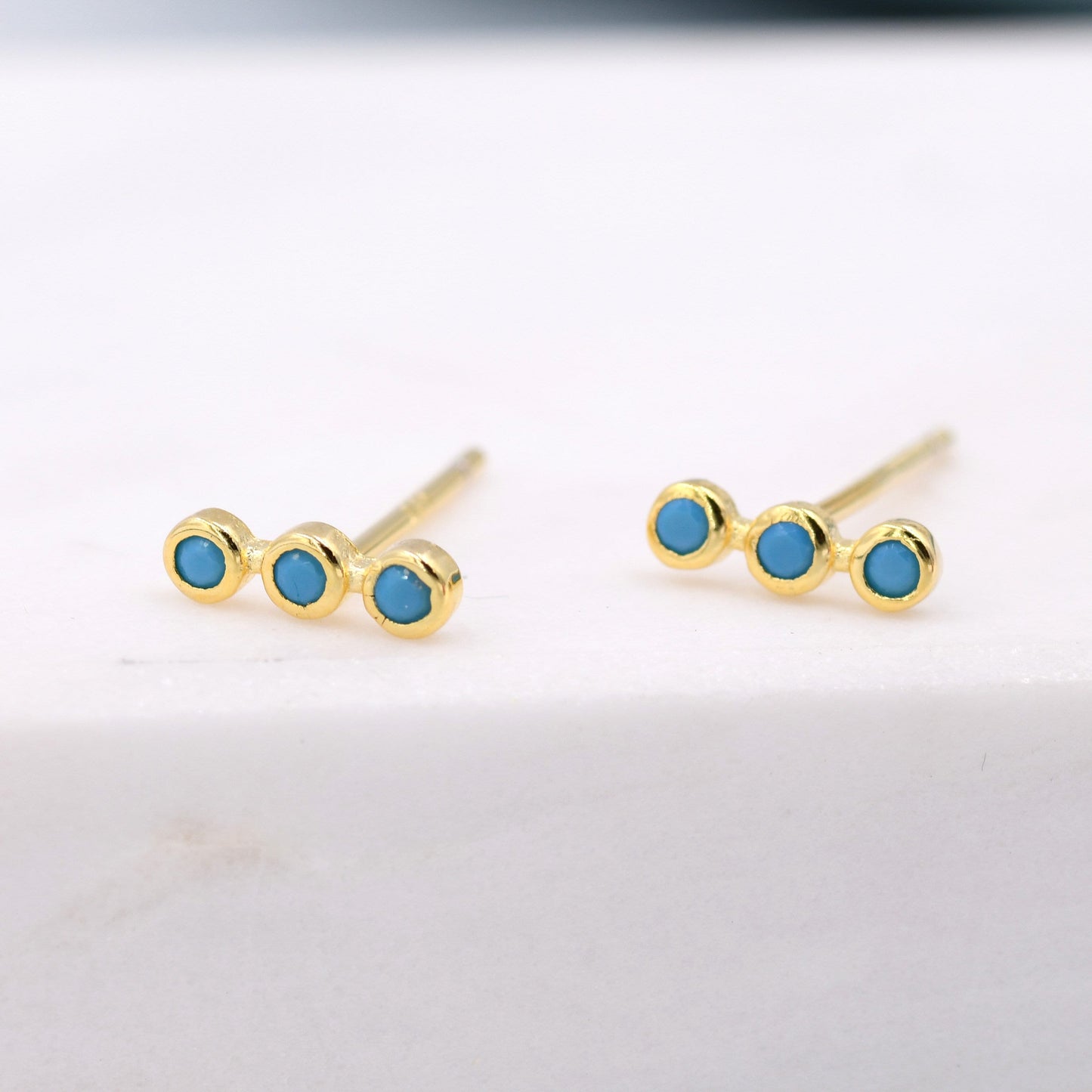 Extra Tiny Turquoise Bar Stud Earrings in Sterling Silver, Silver or Gold,  Three Dot Earrings, Blue Bar Earrings