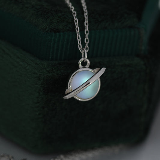 Planet Necklace in Sterling Silver with Simulated Moonstone, Saturn Necklace, Space Necklace