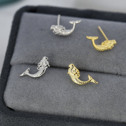 Mermaid Stud Earrings in Sterling Silver, Silver or Gold, Mermaid Fish Earrings, Fun and Dainty