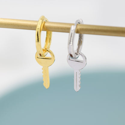 Dangling Key Hoop Earrings in Sterling Silver, Detachable Lock Charm Dangle Hoop Earrings, Silver or Gold,  Interchangeable