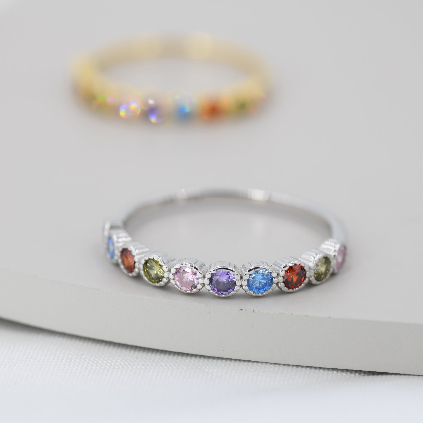 Multicolour CZ Infinity Ring in Sterling Silver, Silver or Gold, Dotted Bezel CZ Ring, Simulated Tourmaline US 5 - 8