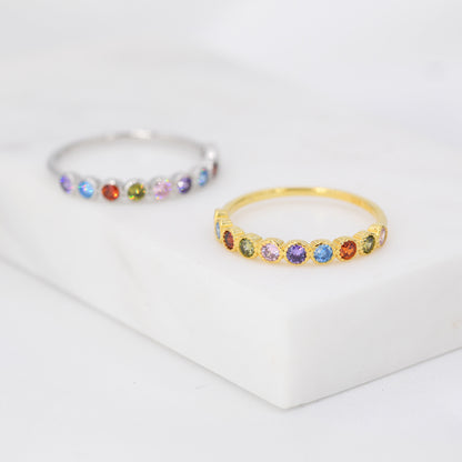 Multicolour CZ Infinity Ring in Sterling Silver, Silver or Gold, Dotted Bezel CZ Ring, Simulated Tourmaline US 5 - 8