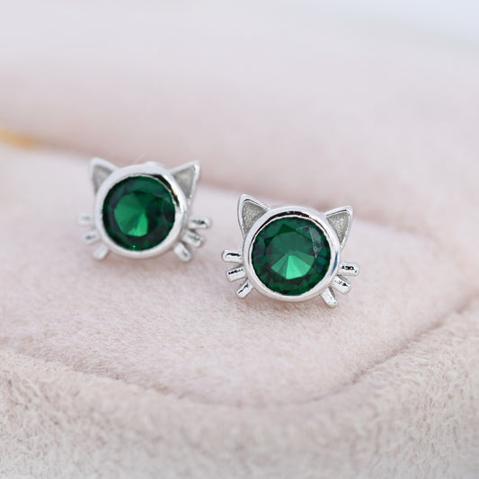 Emerald Green CZ Cat Stud Earrings in Sterling Silver, Silver or Gold, Cat Earrings, May Birthstone, Nature Inspired Animal Earrings